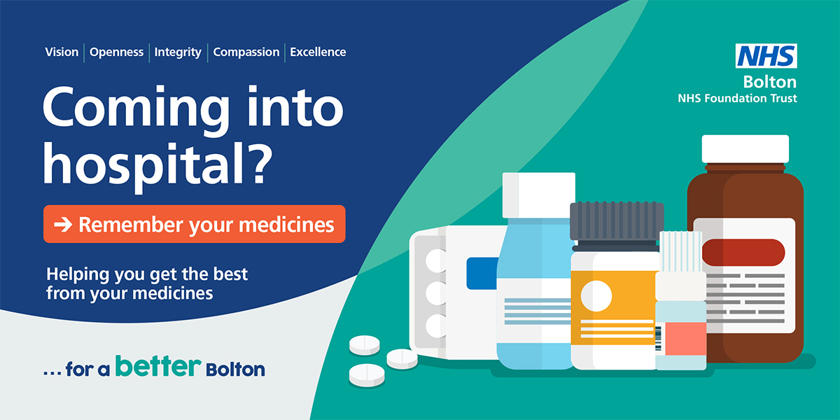 Graphic reads: Coming into hospital? Remember your medicines. Helping you get the best from your medicines. Images feature a range of medicines.
