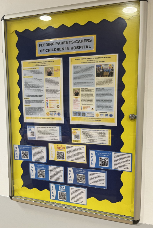 Display board with information about feeding parents and carers of children in hospital